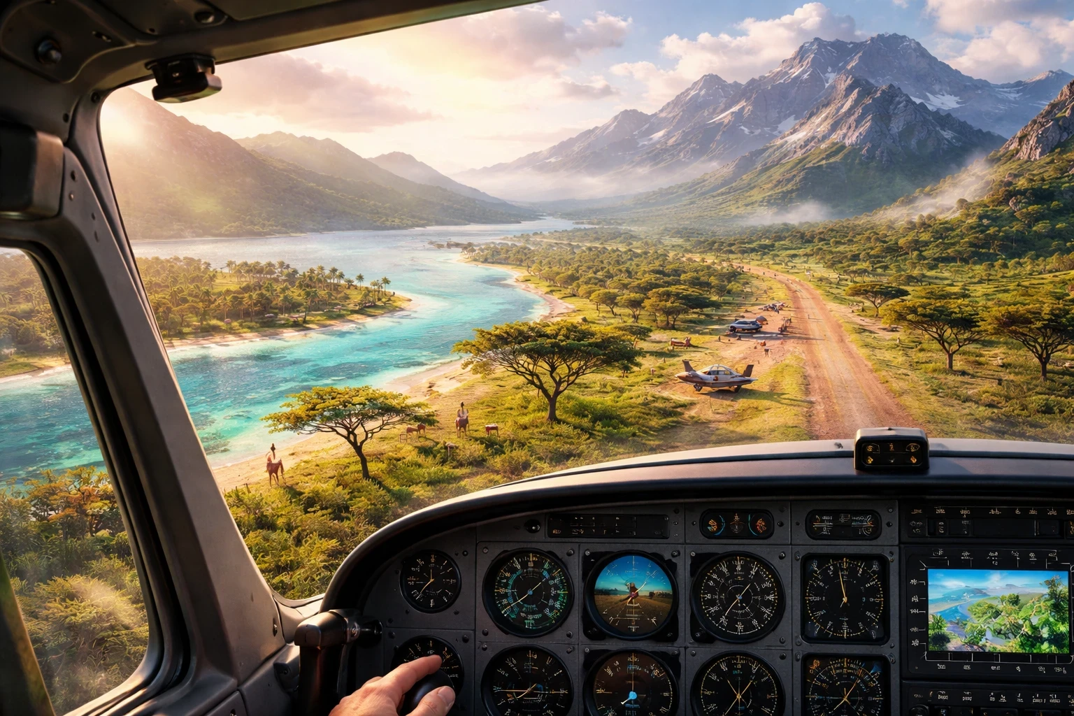 Cockpit view approaching a remote airstrip in an underrepresented flight simulation region, showing tropical waters, savanna terrain, and rugged mountains.