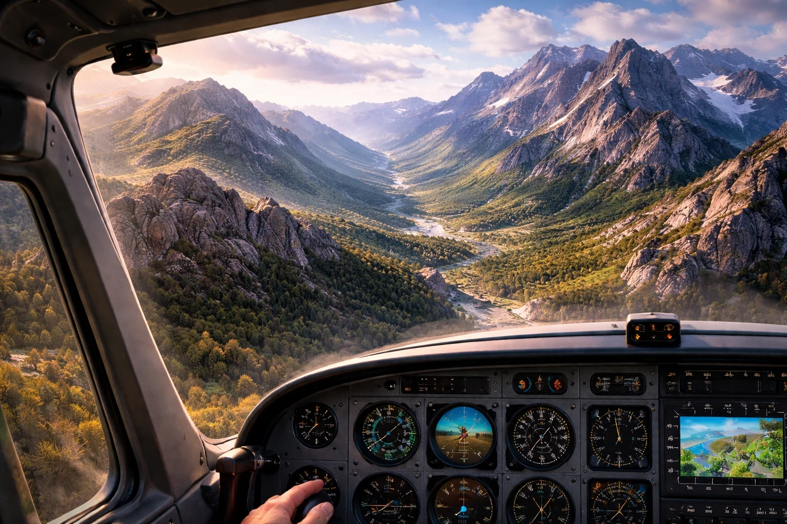 Cockpit view of an aircraft flying toward rugged mountains, showing detailed terrain contours to illustrate terrain mesh and elevation accuracy in flight simulators.