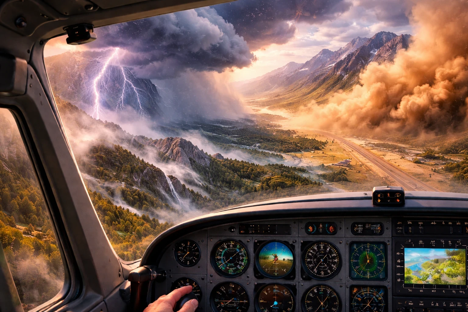 Cockpit view of an aircraft flying toward extreme weather conditions, including lightning storms, mountain mist, and a large sandstorm near a remote runway.