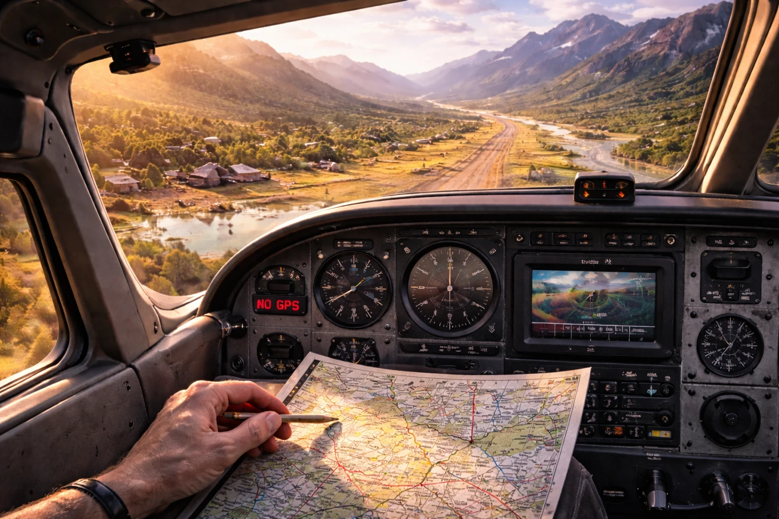 Pilot using a paper map for navigation inside a small aircraft cockpit with no GPS enabled, flying over a remote valley surrounded by mountains.