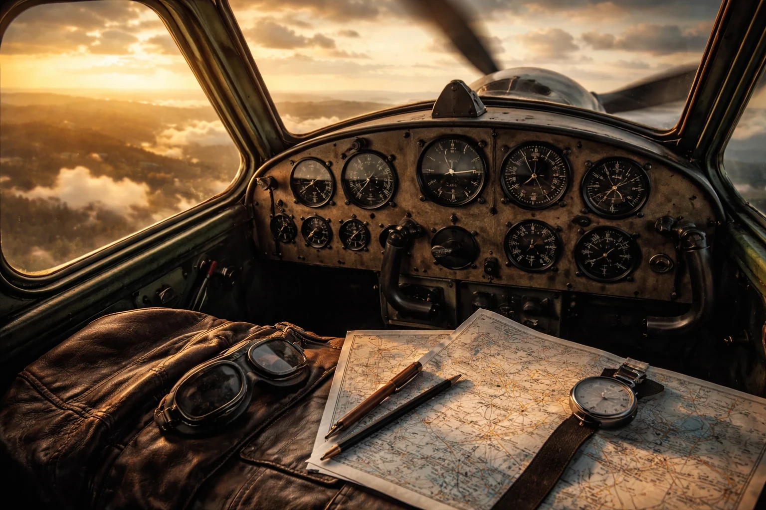 Vintage aircraft cockpit with analog gauges, paper navigation charts, and early flight gear at sunset, recreating classic aviation adventures in a flight simulator.