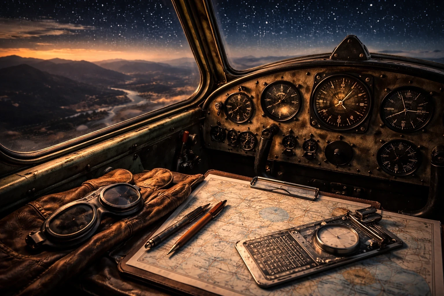 Vintage aircraft cockpit at twilight with analog navigation instruments, starry sky, old aeronautical charts, and classic navigation tools used for era-specific flying techniques.