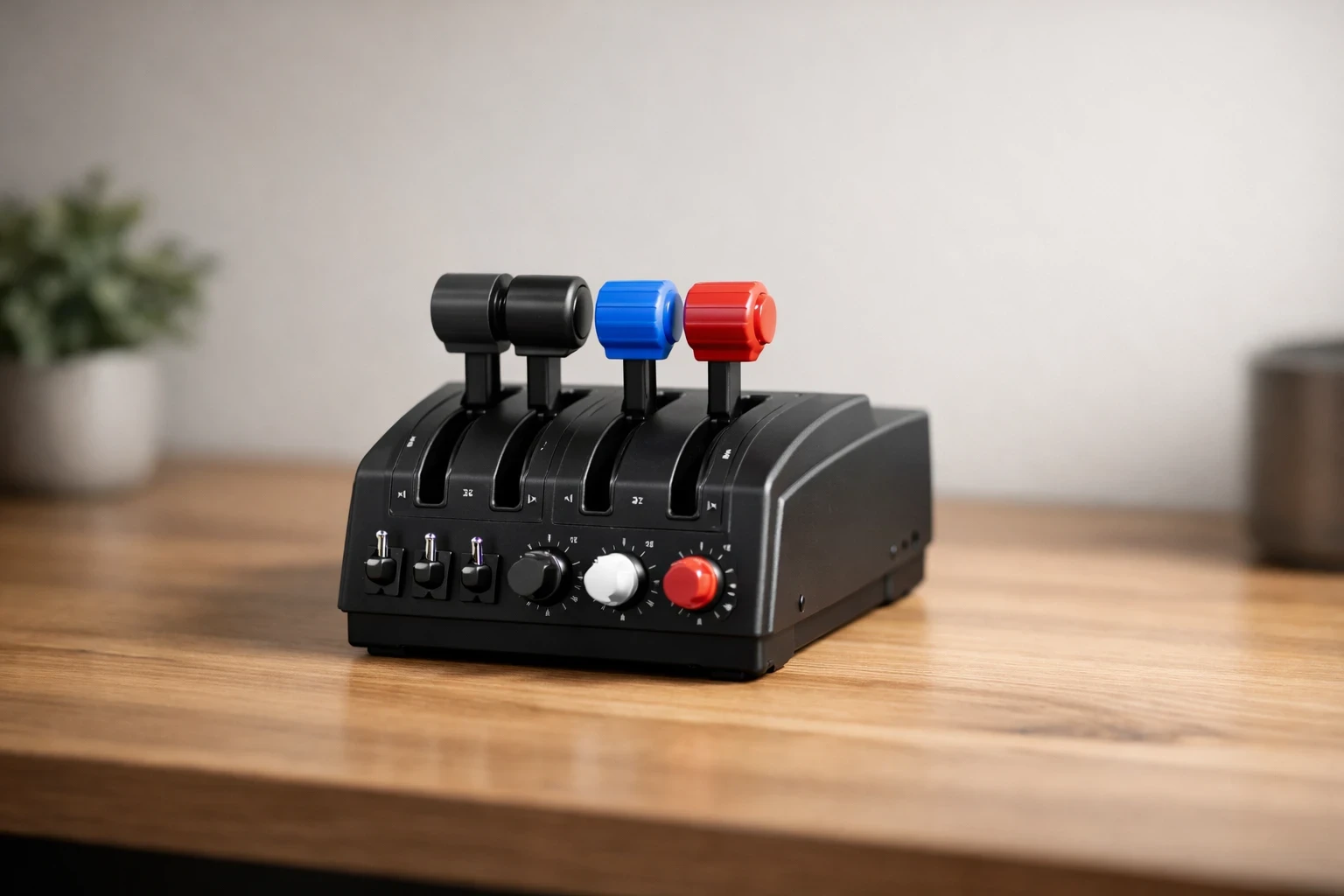 High-quality realistic photo of a single flight simulator throttle quadrant on a clean wooden desk, softly lit by natural daylight from the side, with a neutral wall background and shallow depth of field in a modern home office setting.