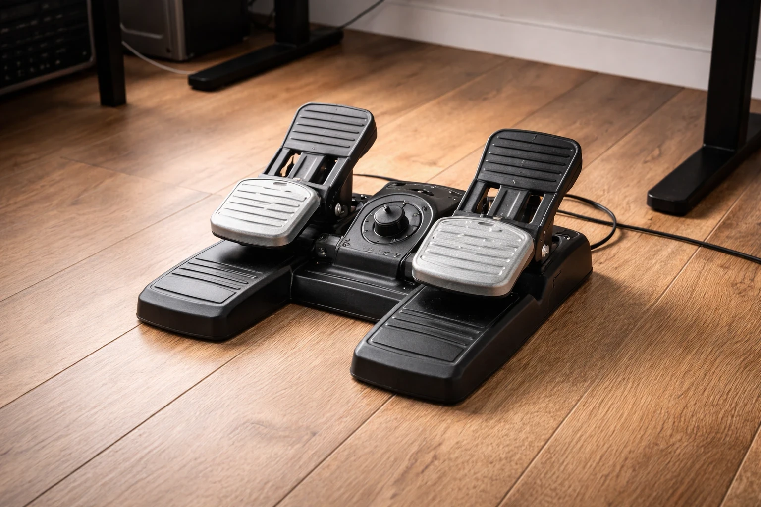 Budget rudder pedals for flight simulator placed on a wooden floor for realistic ground control.