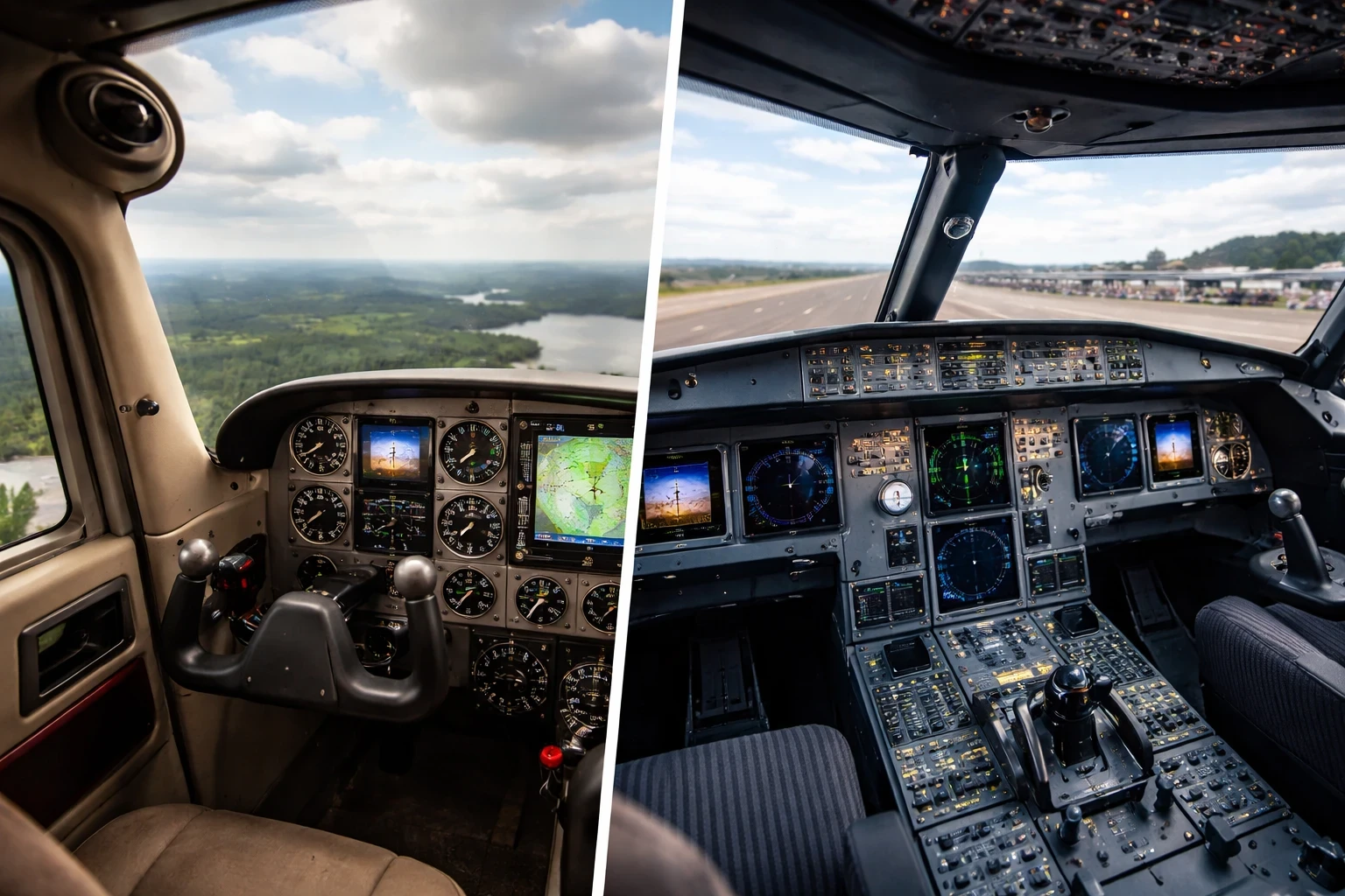 Split cockpit view showing a general aviation aircraft with yoke and analog instruments alongside a modern airliner cockpit with sidestick and digital displays, illustrating aircraft-specific flight simulator customization.