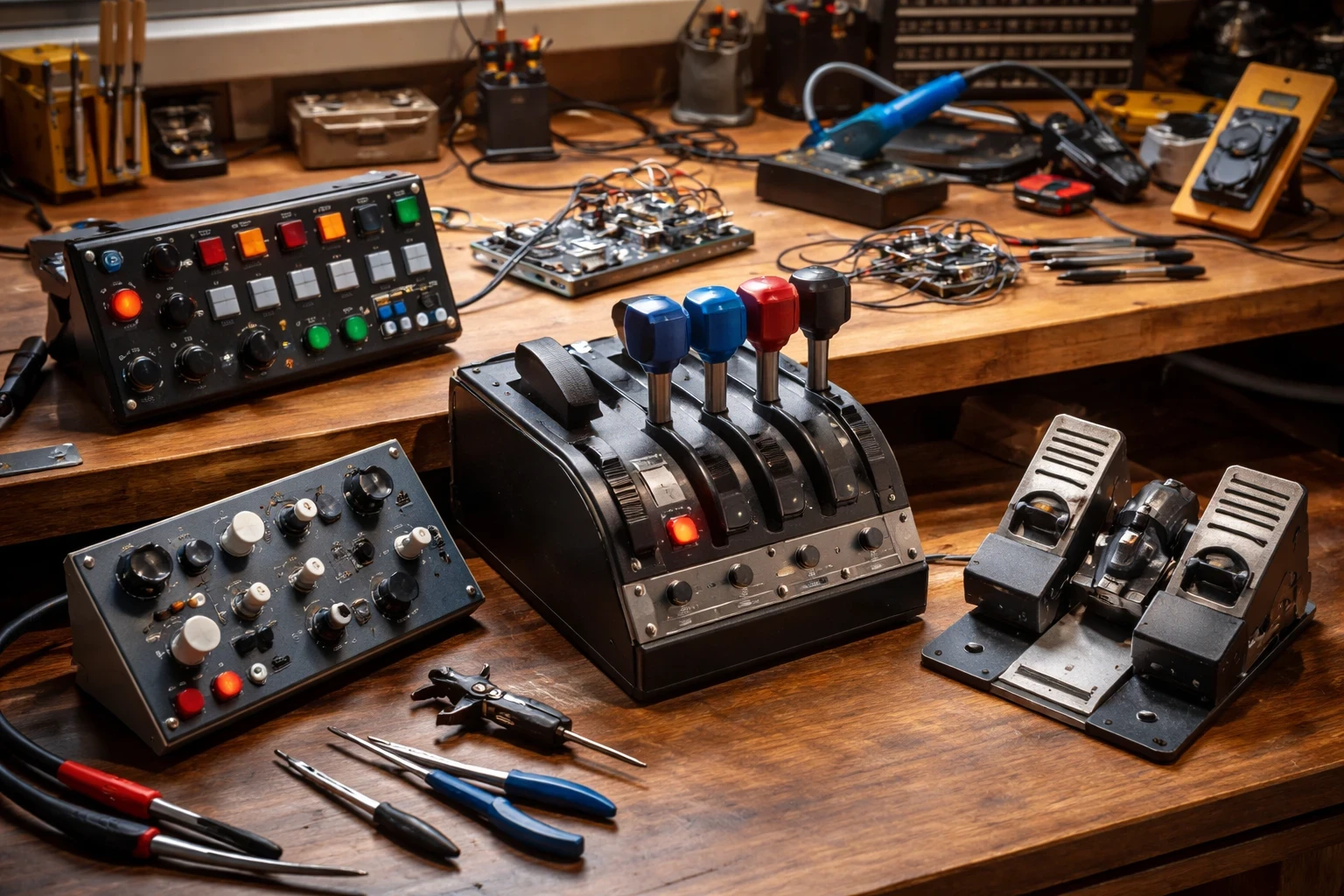 DIY flight simulator accessories for hobbyists including a custom throttle quadrant, button box, rudder pedals, and electronic components being assembled on a workbench.