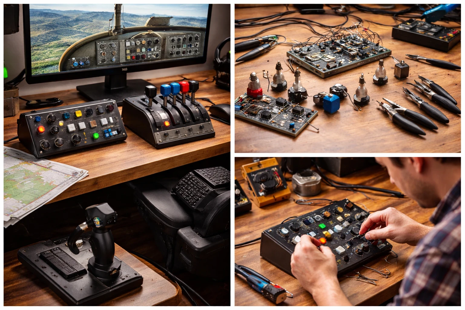 DIY flight simulator accessories including a custom button box, throttle quadrant, electronic components, and a hobbyist assembling a control panel at a home simulator desk.