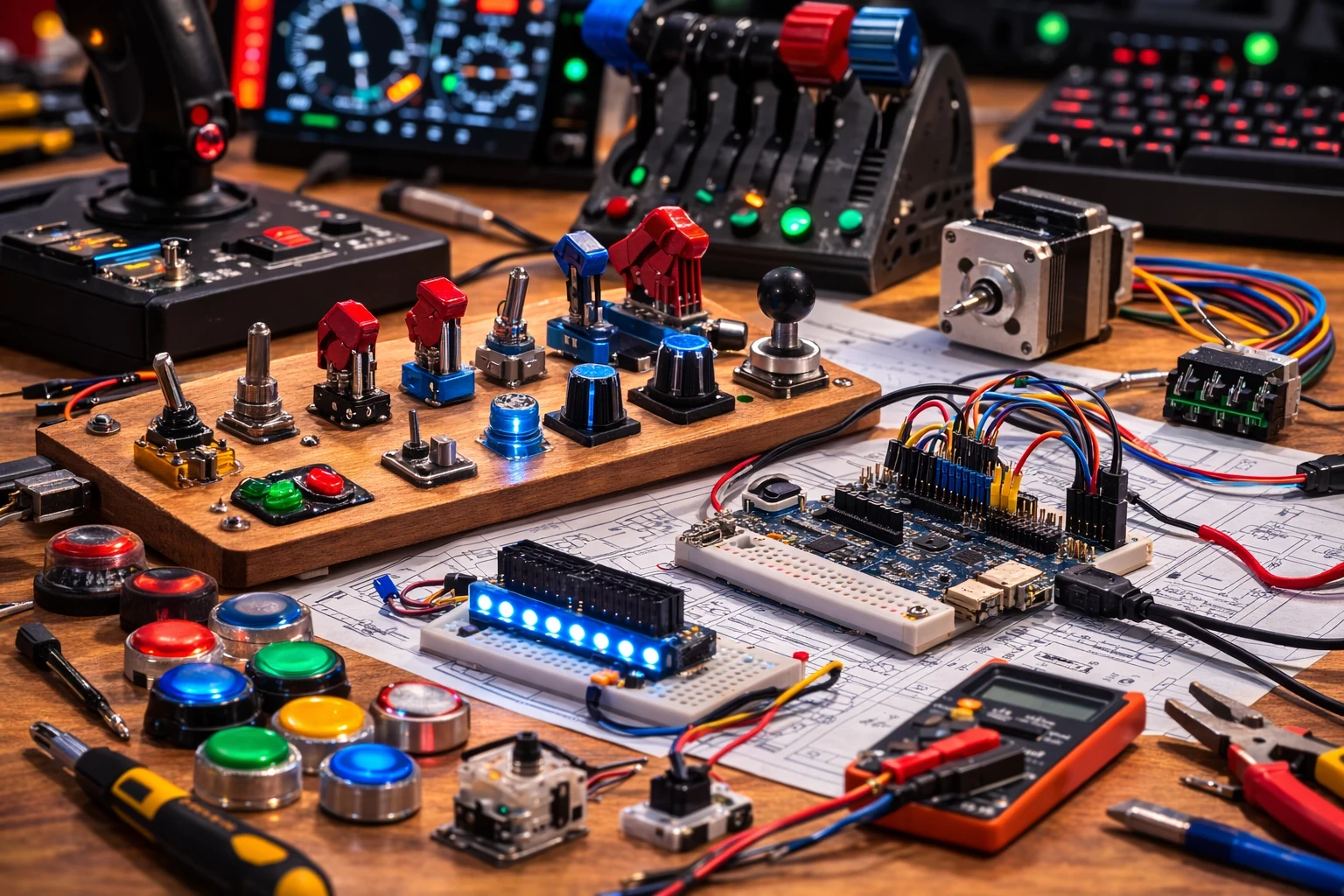 Electronic components used in DIY flight simulator controls including push buttons, toggle switches, rotary encoders, wiring, and a microcontroller on a workbench.