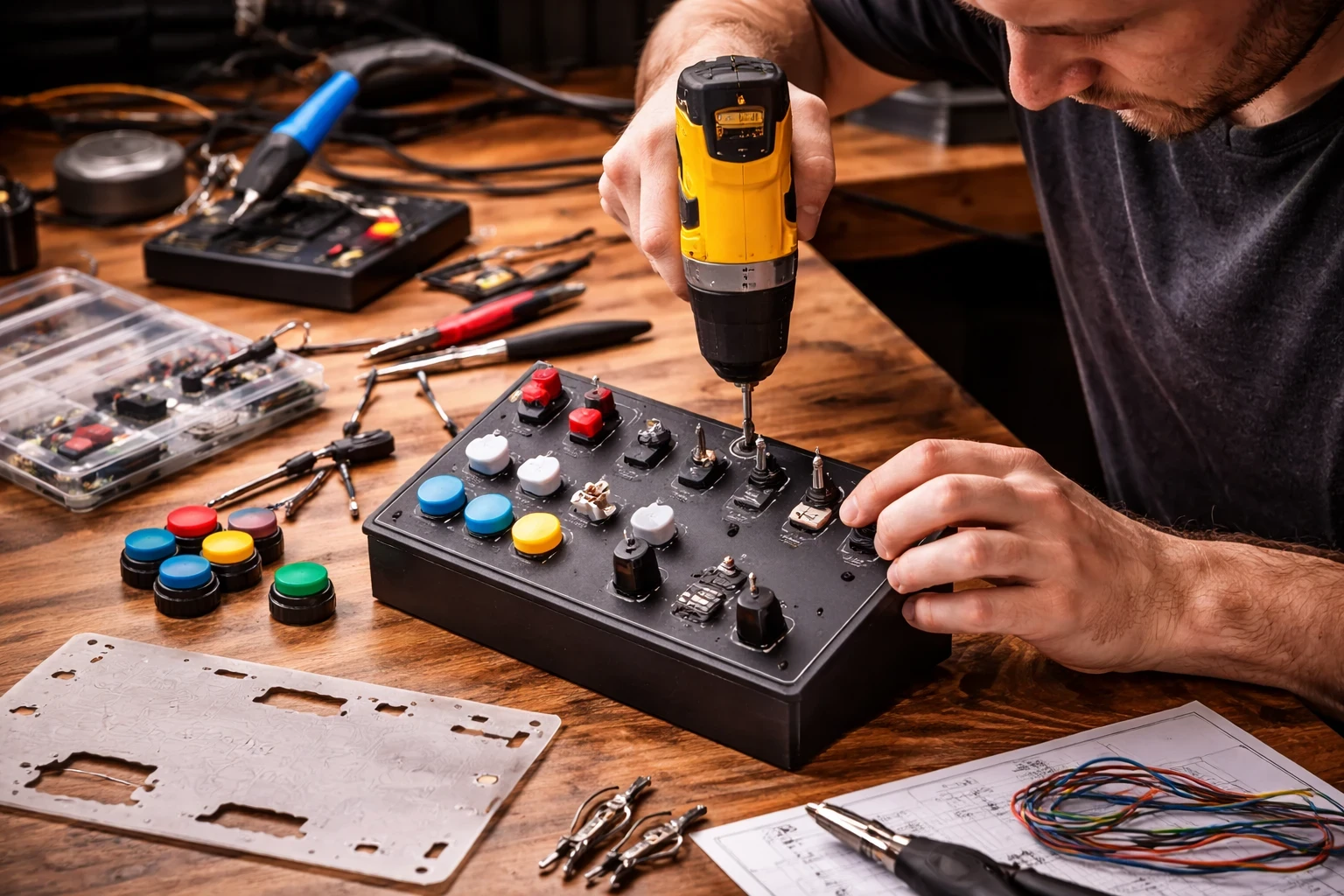 Hobbyist assembling a DIY flight simulator button box with switches and controls on a workbench during the construction process.