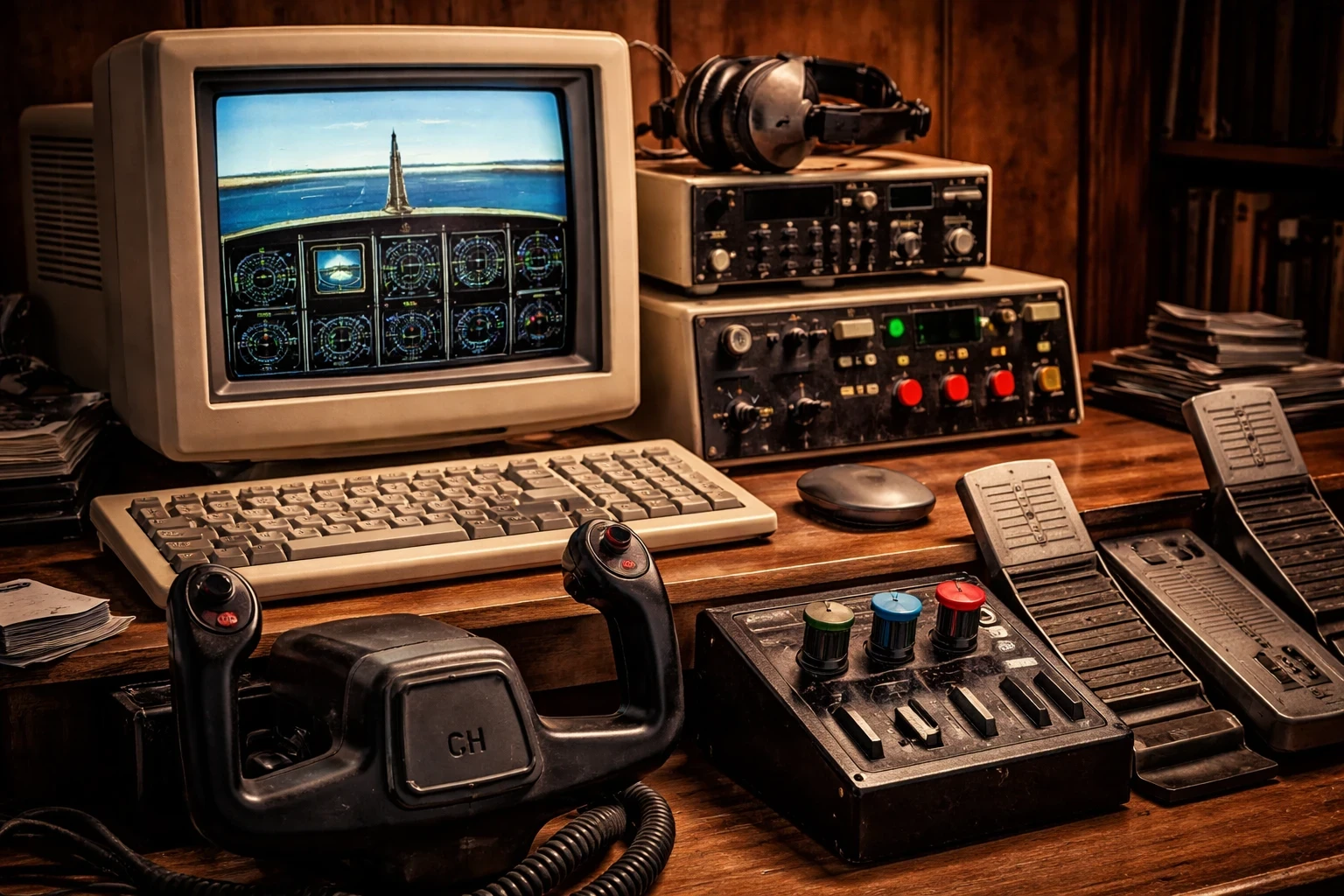 Vintage flight simulator setup with a CRT monitor, classic joystick, throttle controls, and rudder pedals used by retro flight sim enthusiasts.