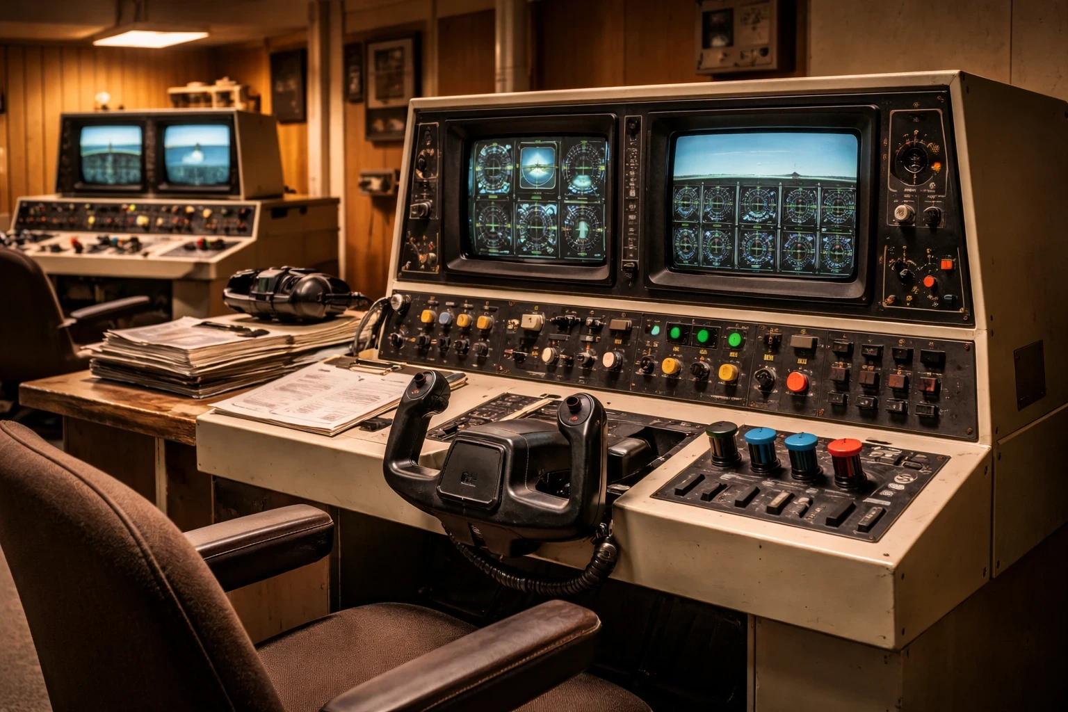 1980s vintage flight simulator training lab with CRT screens displaying flight instruments and a simulator console filled with switches and flight controls.
