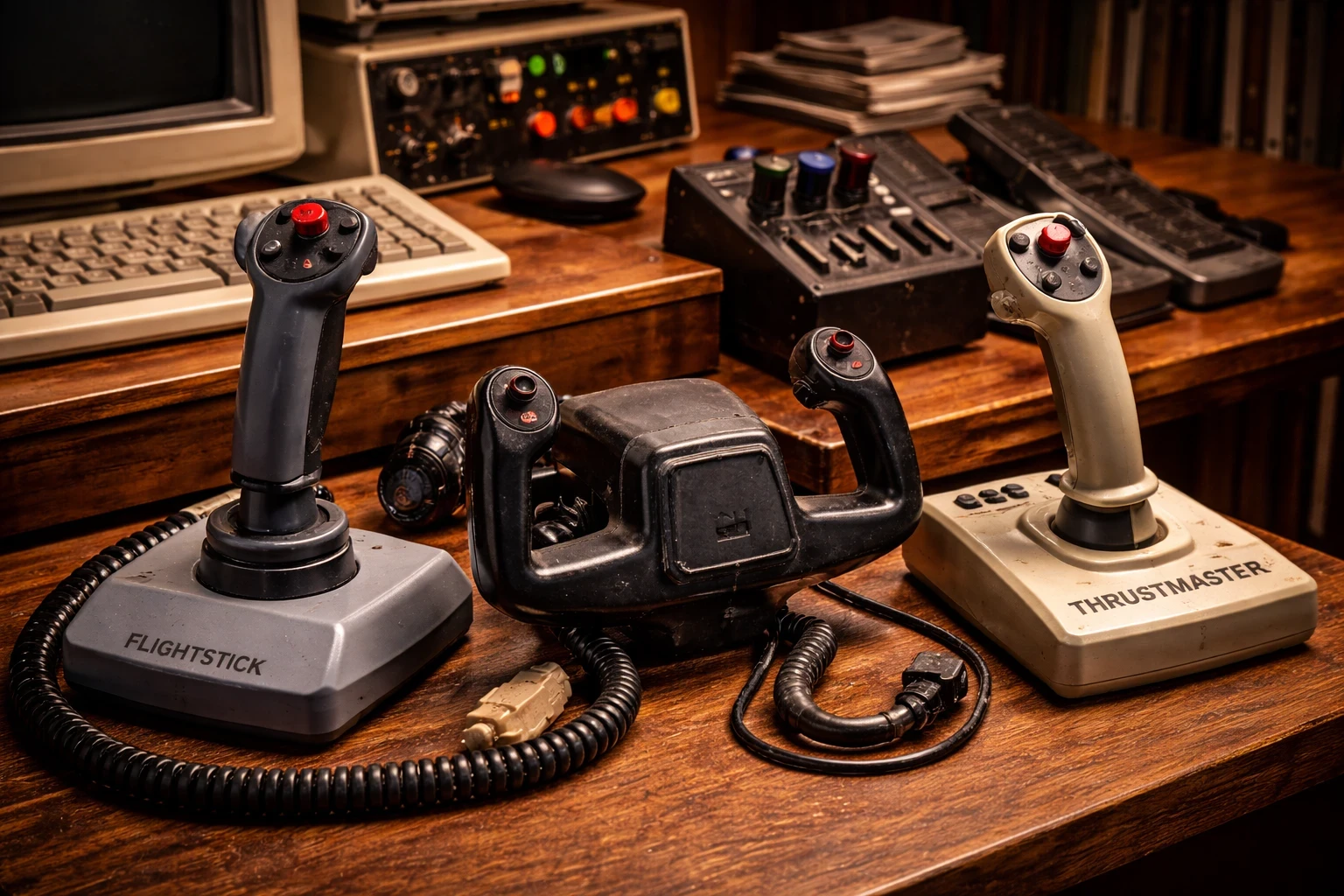 Collection of vintage flight simulator joysticks and a classic flight yoke used in early home flight simulation setups.