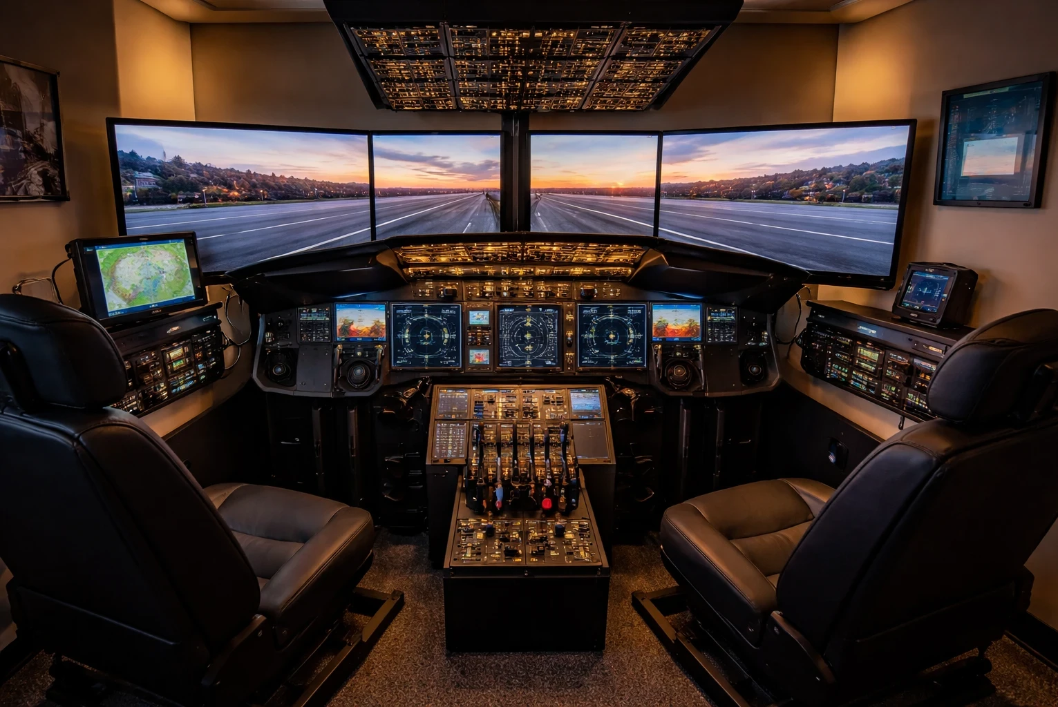 Realistic custom flight simulator cockpit with triple monitors, throttle quadrant, instrument panels, and dual pilot seats in a home setup.