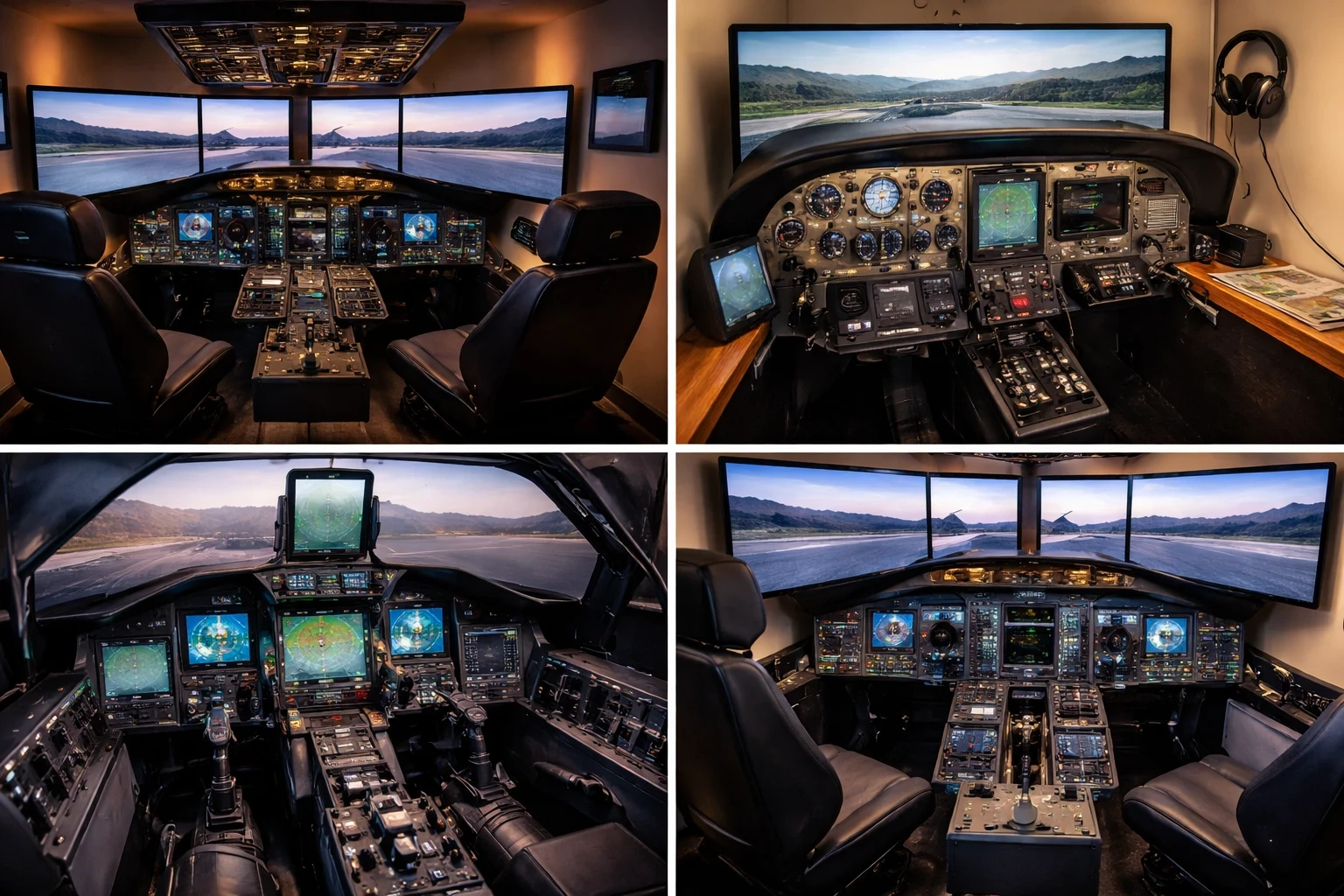 Comparison of different flight simulator cockpit setups including airliner, general aviation, and military jet configurations in a home simulation environment.