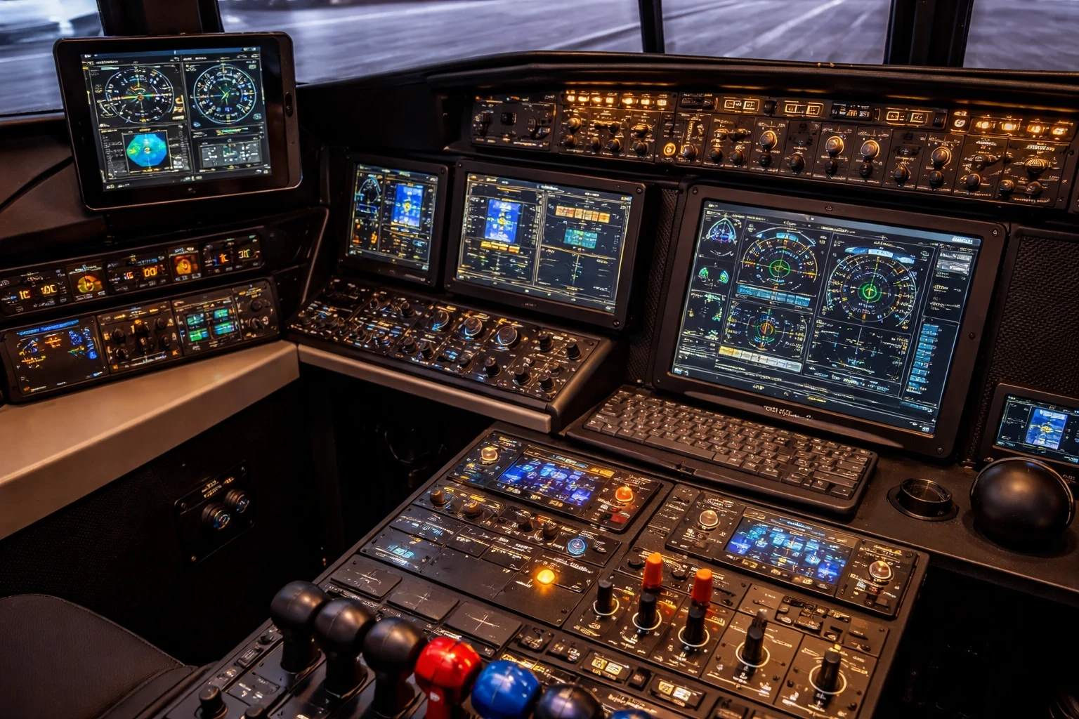 Detailed flight simulator cockpit with autopilot panel, instrument displays, throttle quadrant, and tablet showing virtual instruments in a realistic home setup.
