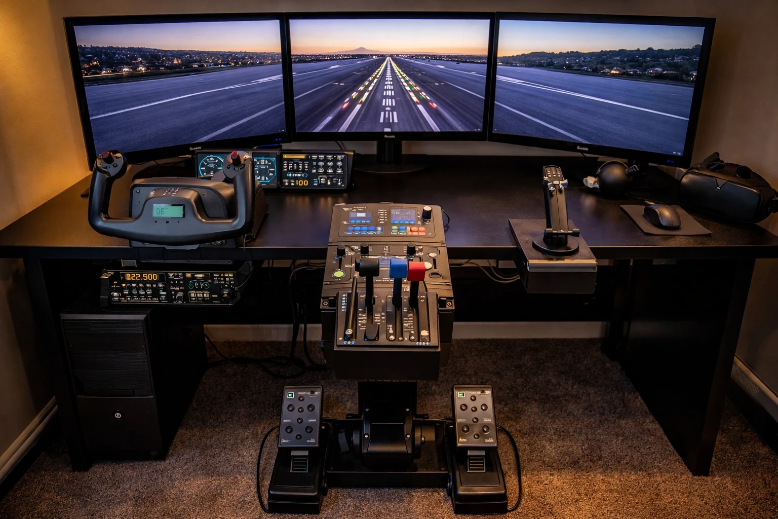 Home flight simulator setup with yoke, throttle quadrant, rudder pedals, triple monitors, and VR headset on a desk-based cockpit configuration.