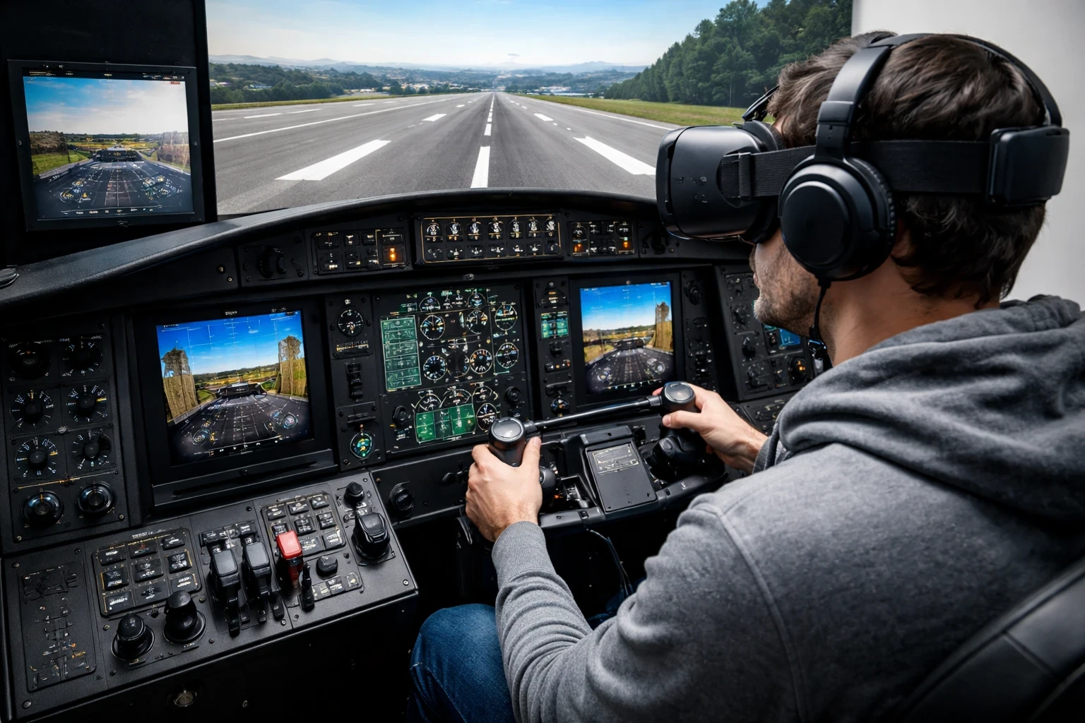Person using a VR headset in a home flight simulator cockpit with yoke and instrument displays.