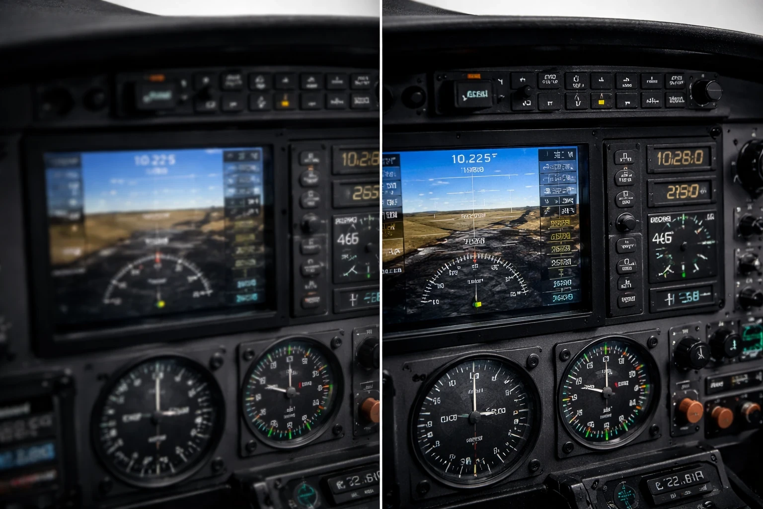 Flight simulator cockpit instruments showing blurry vs clear display for visual clarity comparison.