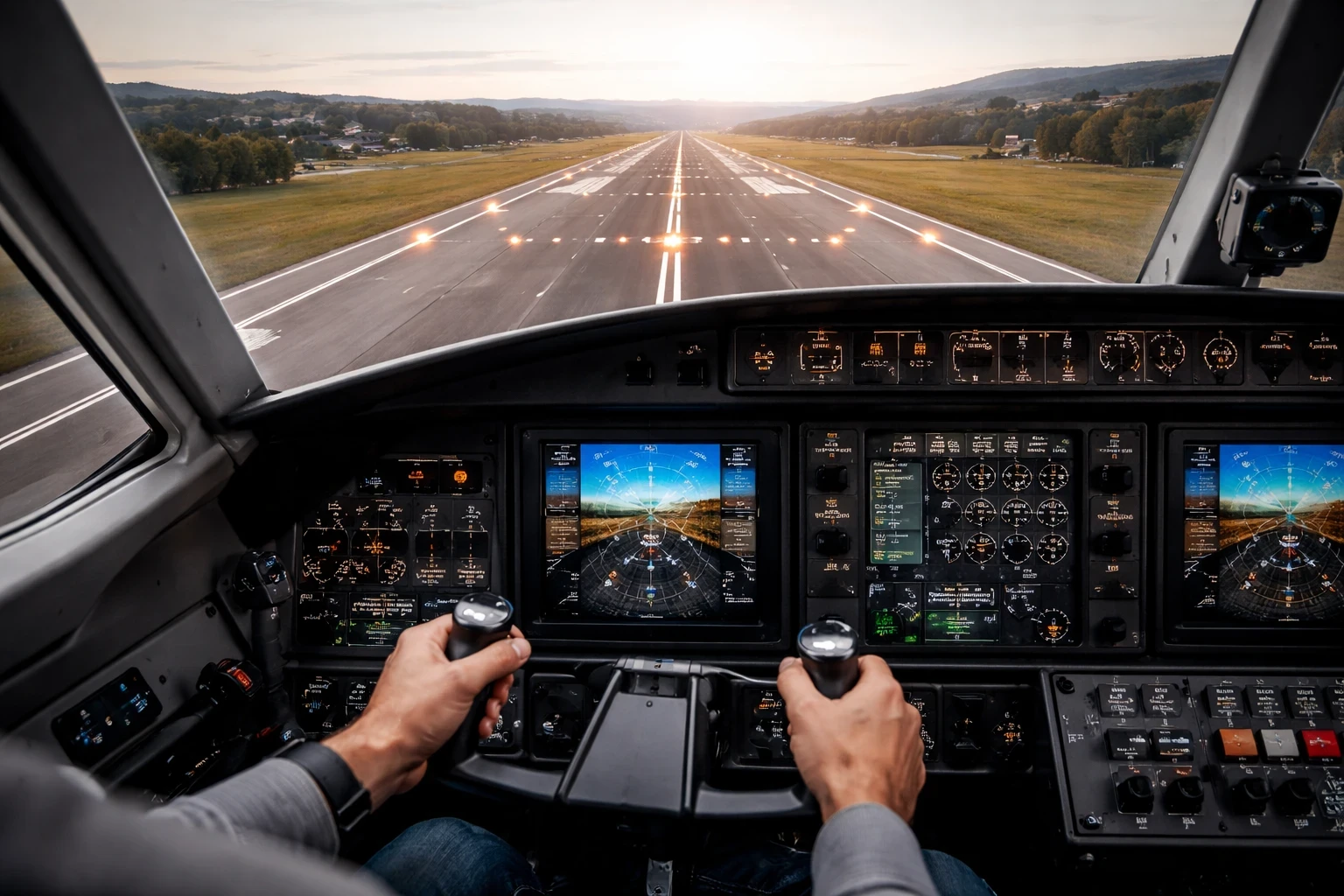Flight simulator cockpit view on final approach showing runway perspective and depth perception during landing.