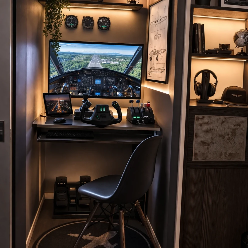 Compact flight simulator setup in a small room with yoke, throttle, pedals, and multi-monitor display arranged neatly.