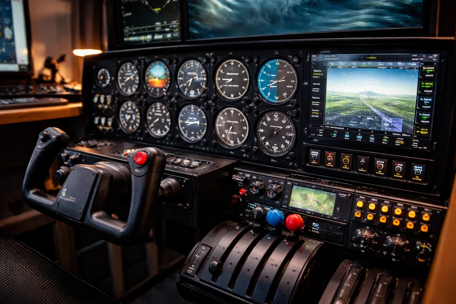Close-up of flight simulator instrument panel with gauges, switches, yoke, and throttle controls in a home cockpit setup.