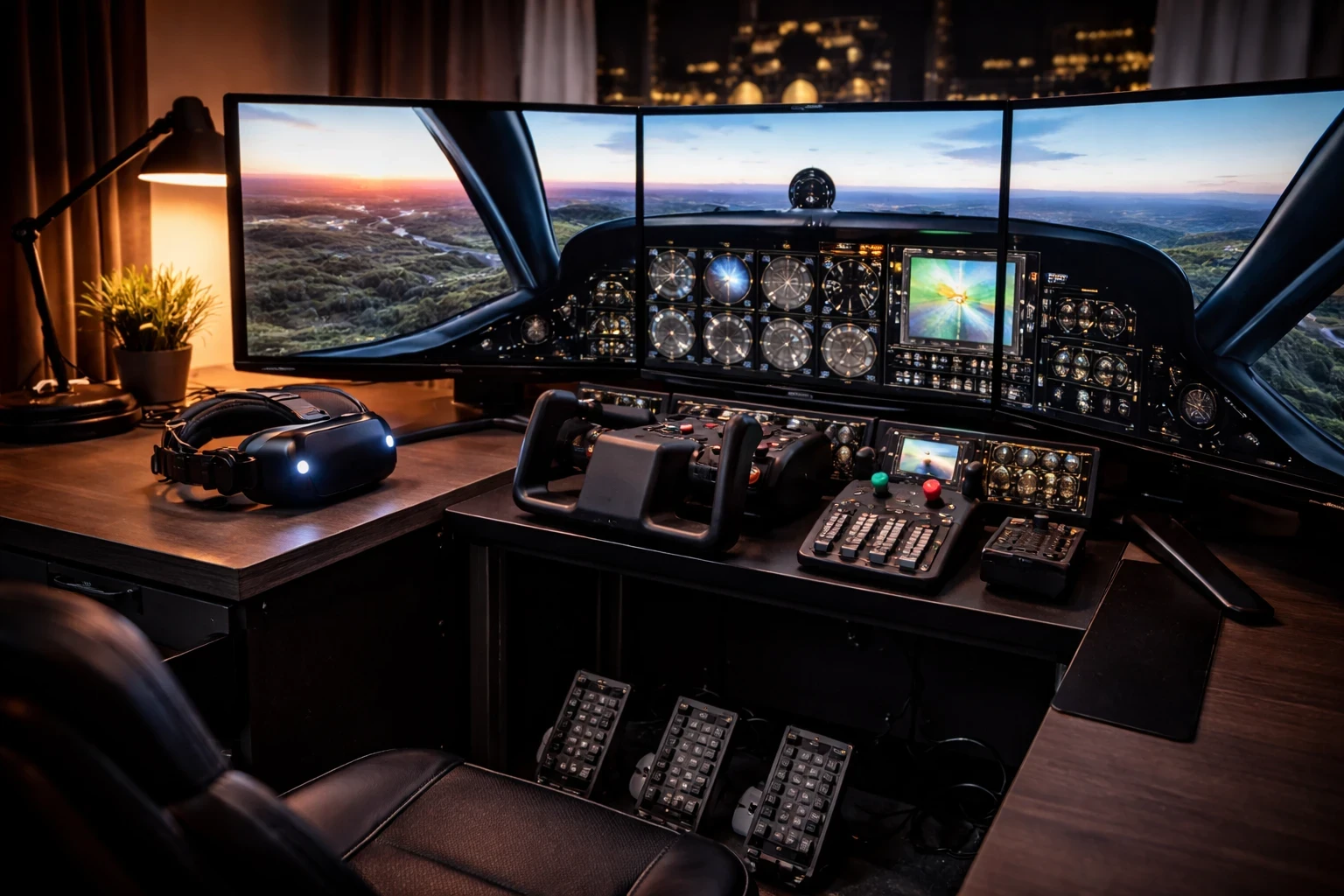 Flight simulator setup with curved multi-monitor display, VR headset, and ambient lighting creating an immersive cockpit environment.