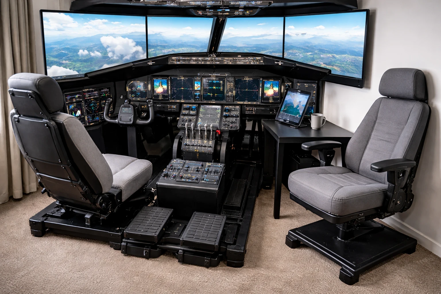 Advanced home flight simulator cockpit setup with multi-monitor display, dual seats, and realistic flight controls.