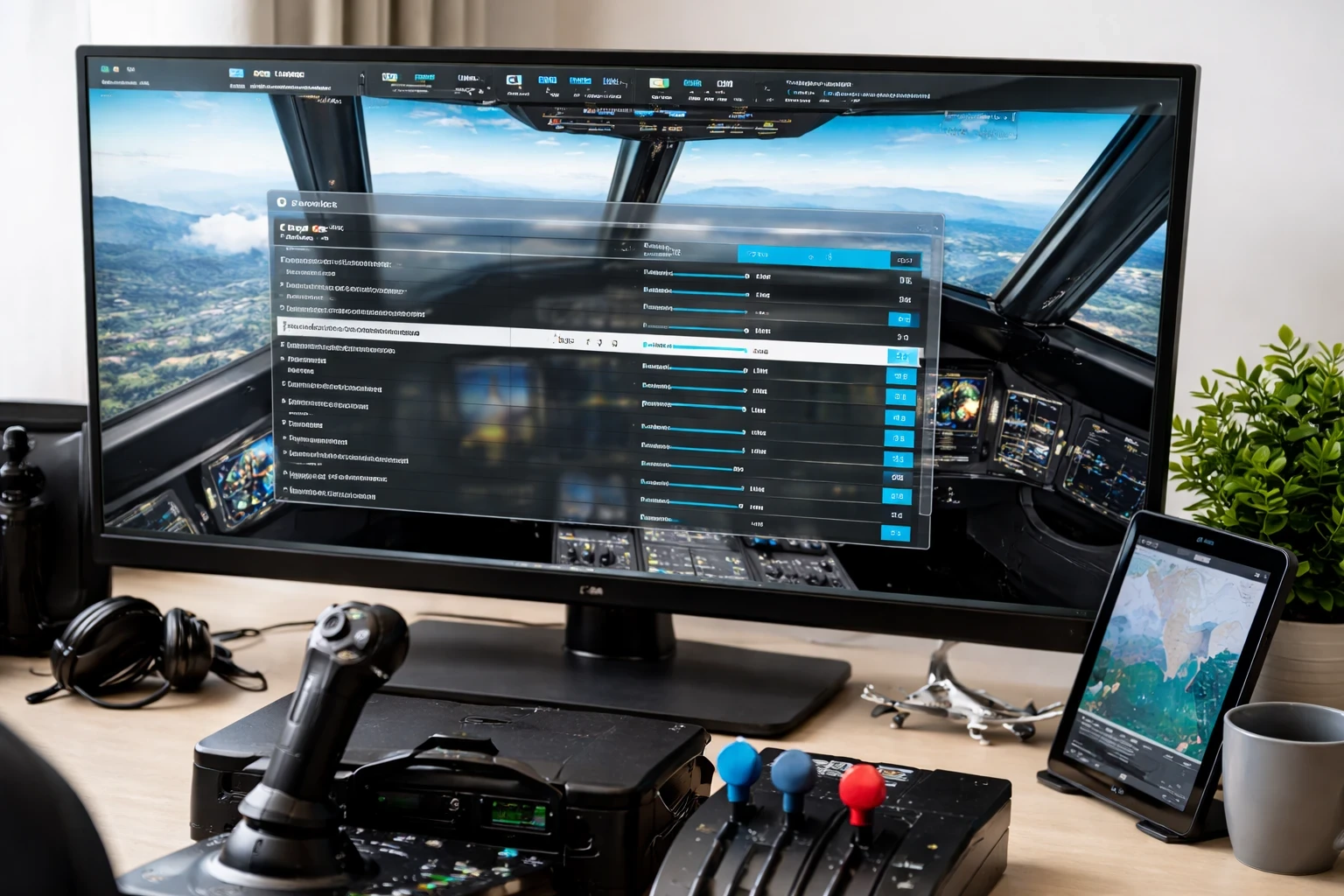 Flight simulator graphics settings screen with joystick and throttle setup on desk for performance optimization.