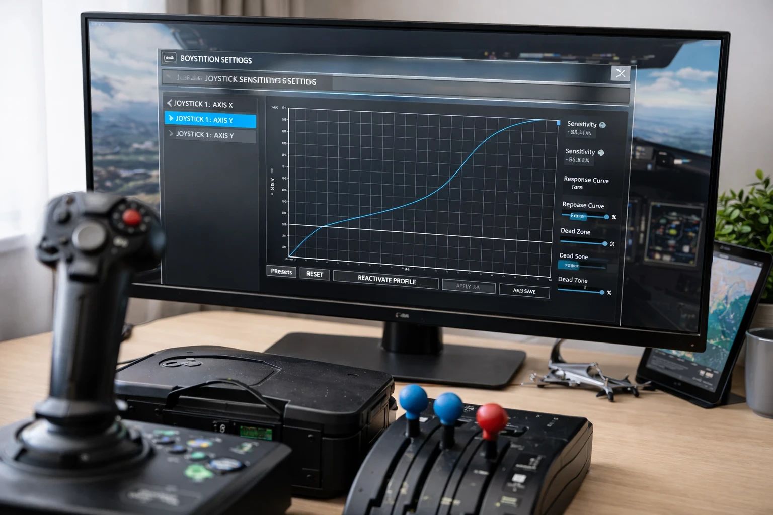 Flight simulator joystick calibration screen showing sensitivity curve and control setup on desk.