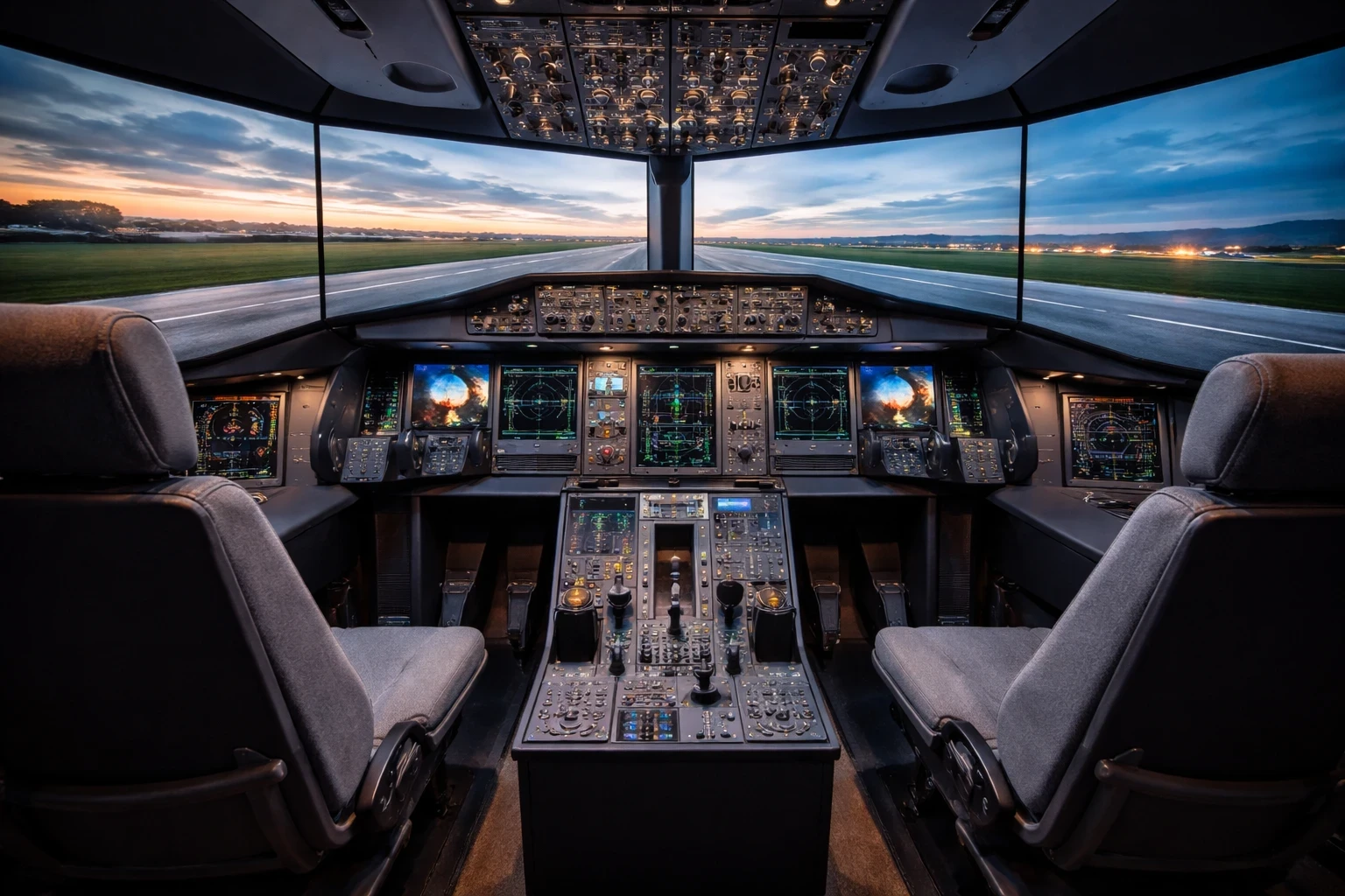 Professional flight simulator cockpit with full replica controls, dual seats, and multi-screen display for immersive training.