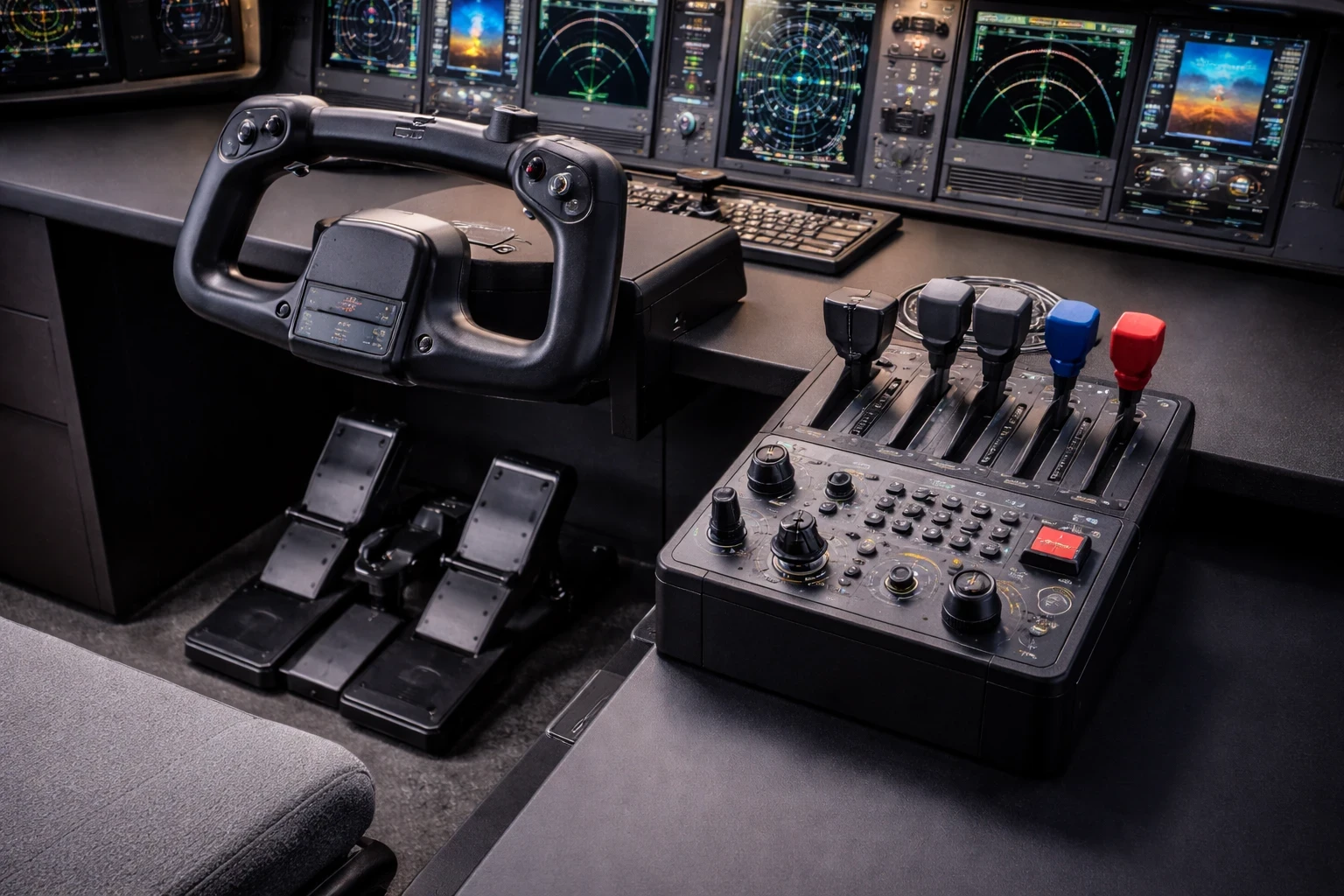 High-quality flight simulator controls including yoke, throttle quadrant, and rudder pedals for realistic flight handling.