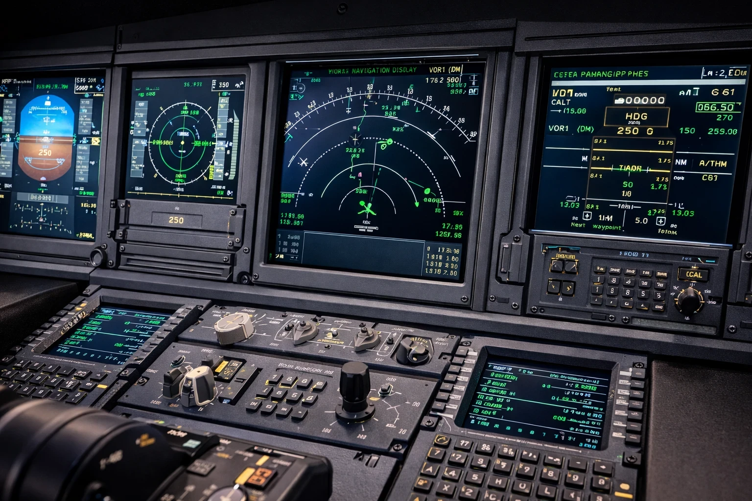 Flight simulator avionics panel with PFD and navigation display showing aircraft data and flight route.