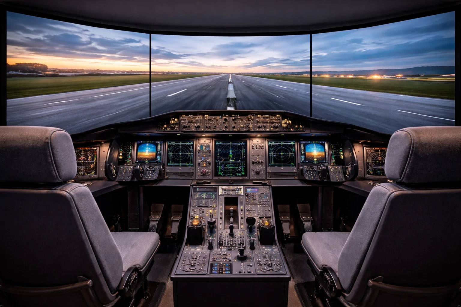 Flight simulator cockpit with triple monitor wraparound display showing wide runway view for immersive flying.