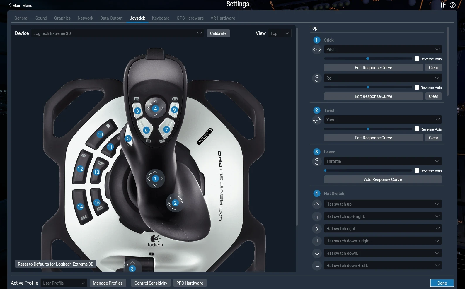 x plane 11 joystick settings showing pitch roll yaw axis configuration and throttle control mapping