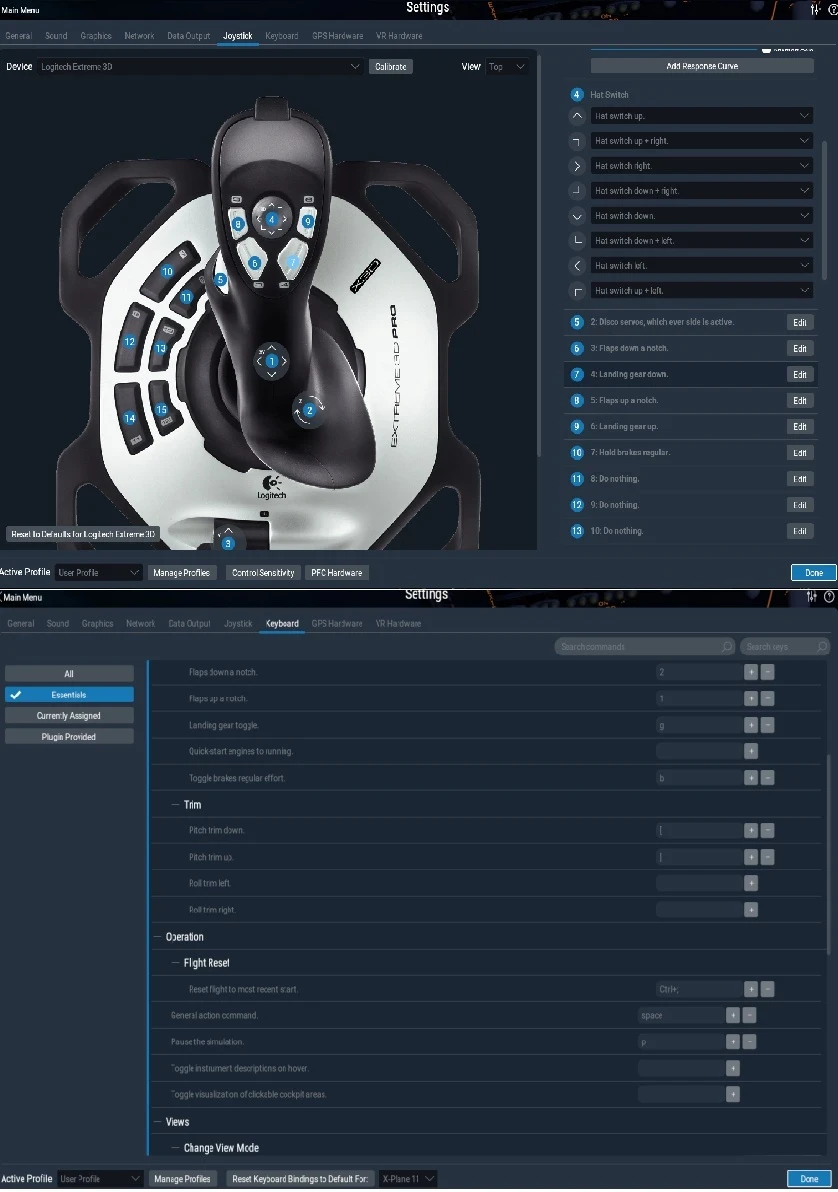 x plane 11 joystick button mapping and keyboard control settings showing custom profile configuration