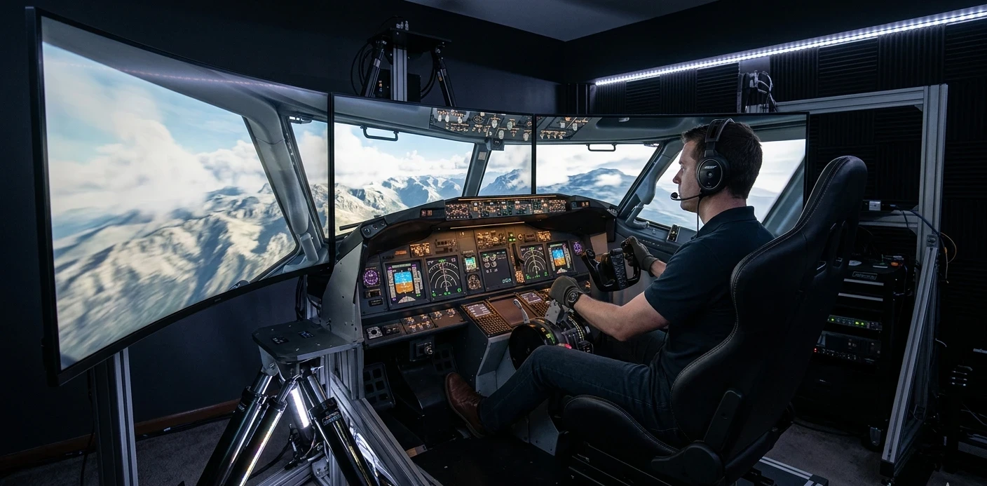 A high-end home flight simulator setup featuring a pilot in a cockpit seat mounted on a mechanical motion platform. Three large curved monitors display a mountain landscape with a slight motion blur to convey speed, while the pilot interacts with a realistic yoke and throttle quadrant.
