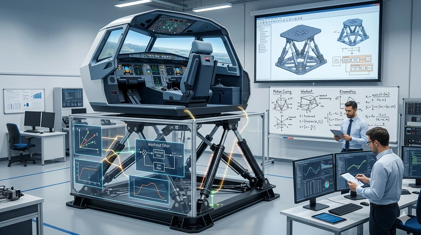 A detailed illustration of a flight simulator cabin mounted on an active hexapod motion base with transparent panels, showcasing the mechanical components and technical diagrams that explain motion simulation engineering.