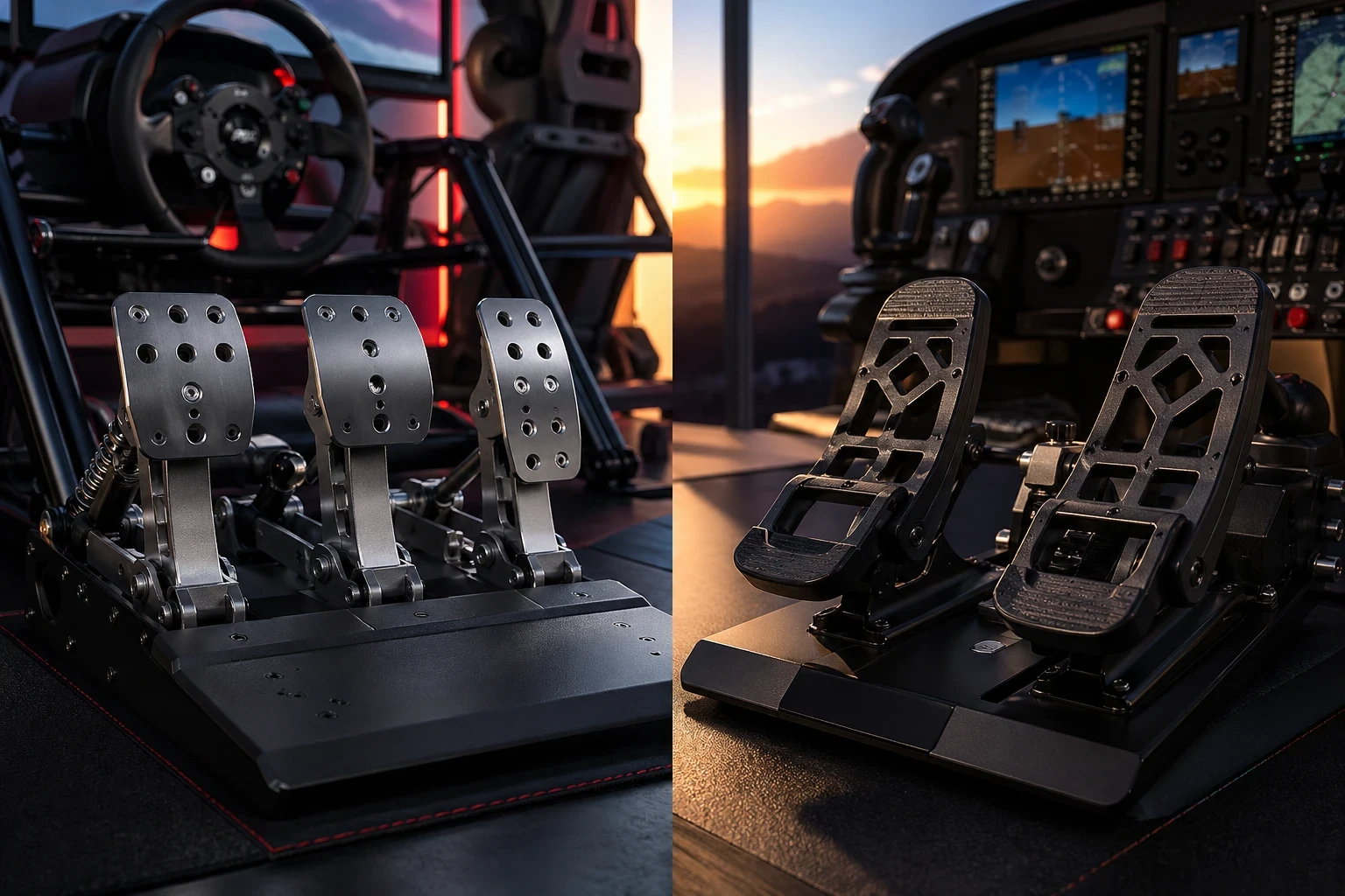 Sim racing pedals and flight simulator rudder pedals side by side in a home cockpit setup.