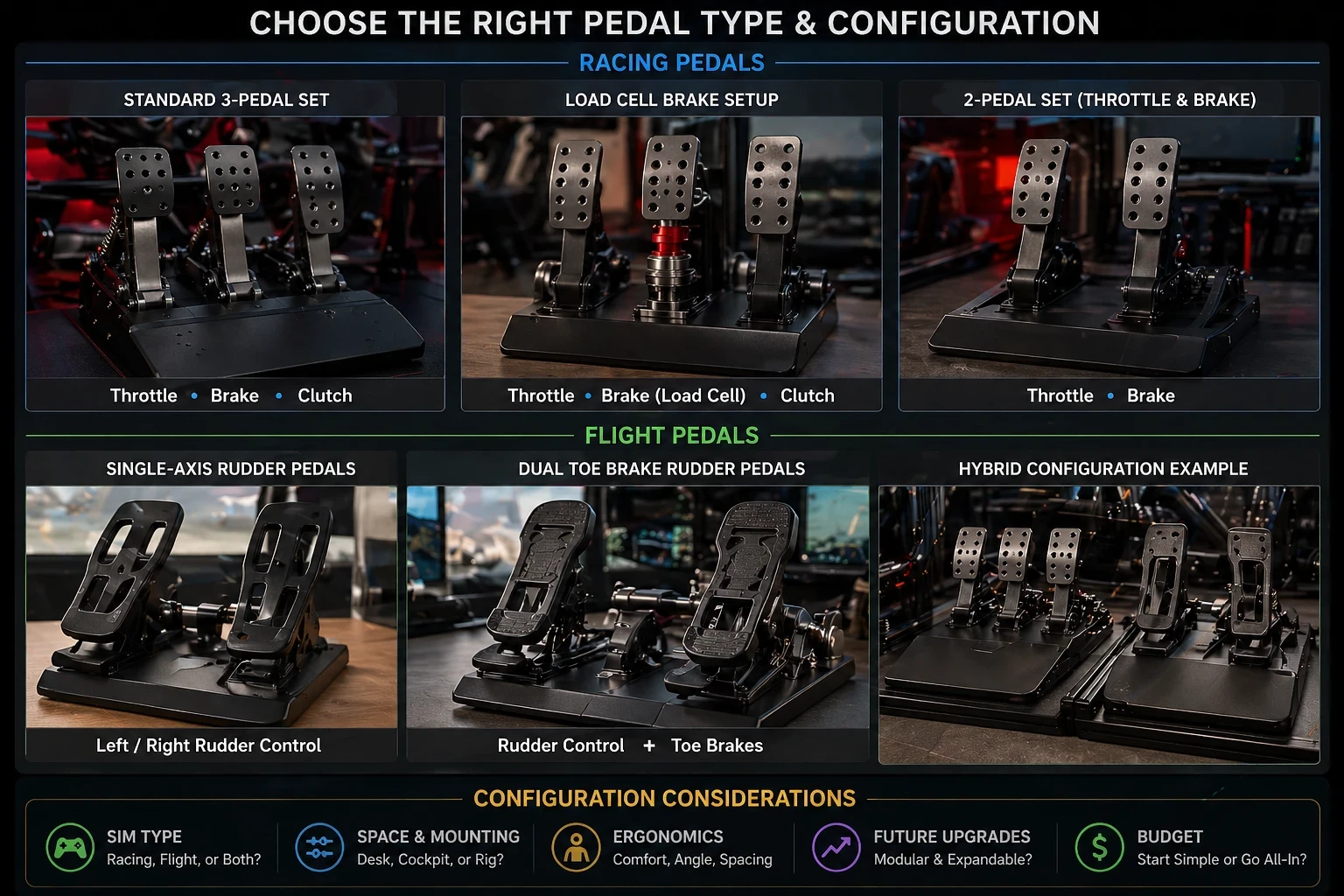 Different sim pedal types including racing pedals and flight simulator rudder pedals with toe brakes.