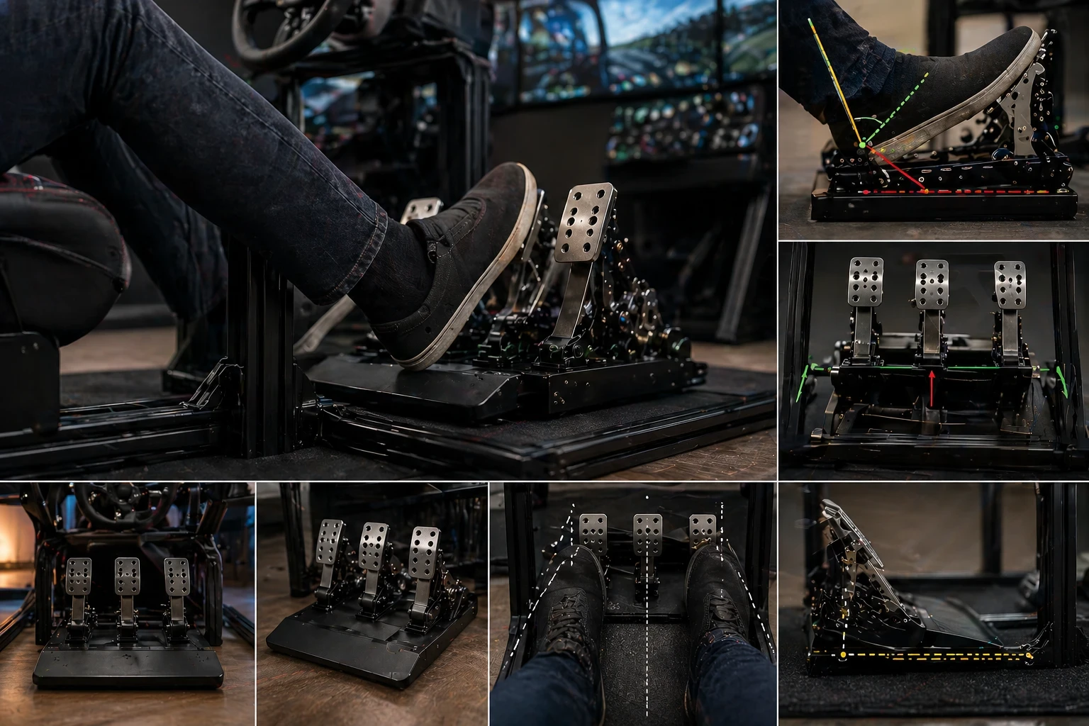 Foot positioning and pedal ergonomics in a sim racing cockpit setup showing proper angle and spacing.