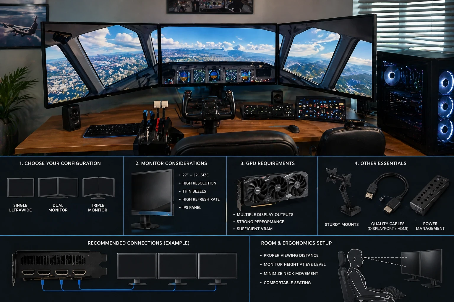 Flight simulator multi monitor hardware setup with triple screens, controls, and PC system.