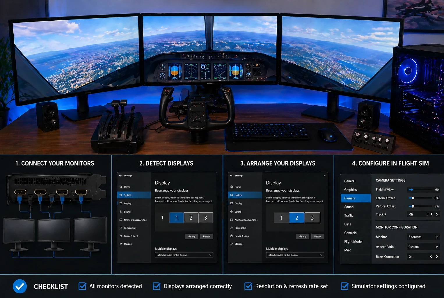 Connecting and configuring a multi monitor flight simulator setup with triple screens and display settings.