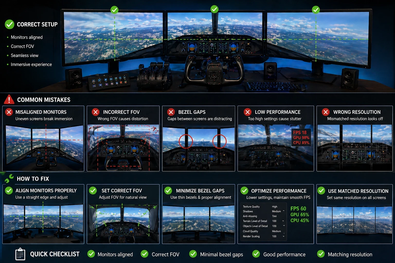 Common multi monitor setup mistakes and correct configuration for flight simulator including alignment and FOV issues.