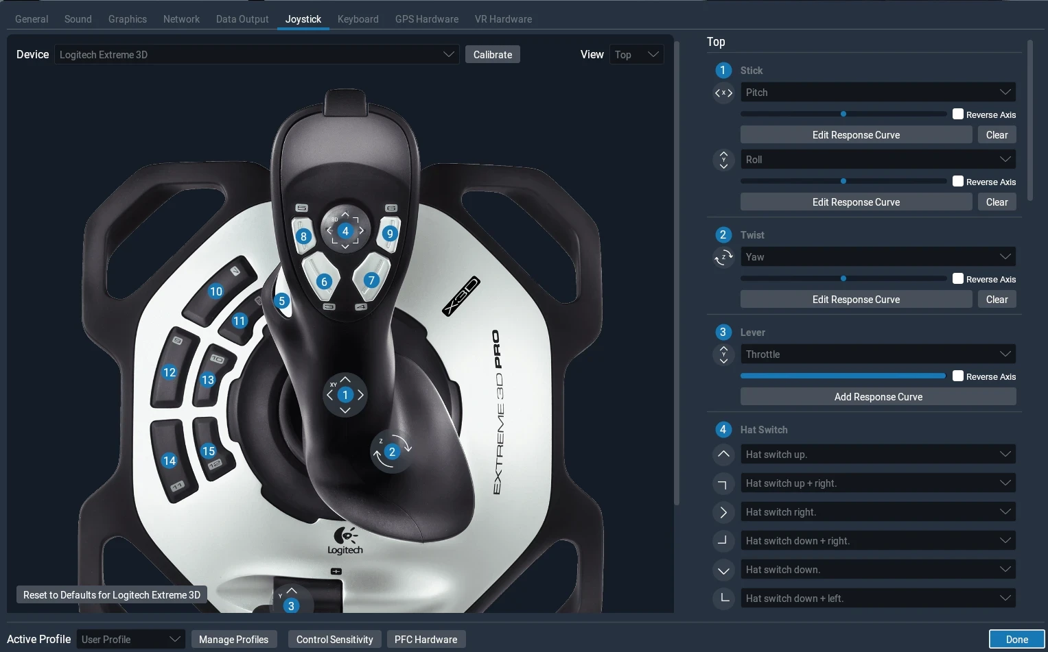 X-Plane 11 joystick settings showing roll, pitch, and yaw calibration for Logitech Extreme 3D Pro.