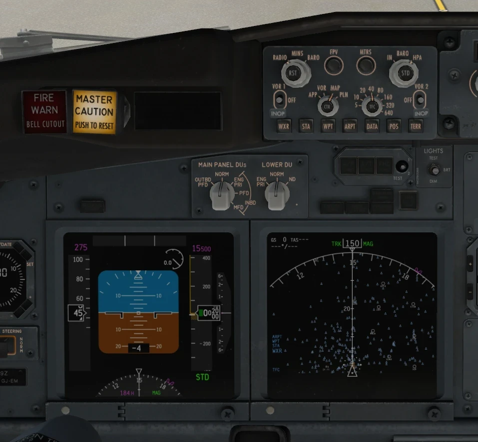 X-Plane 11 cockpit altimeter showing STD barometer setting on primary flight display.