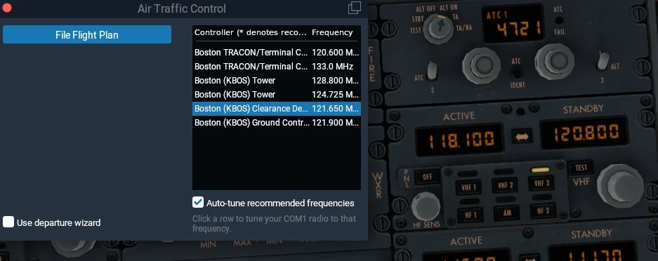 X-Plane 11 ATC panel and transponder settings showing active and standby frequencies for communication.