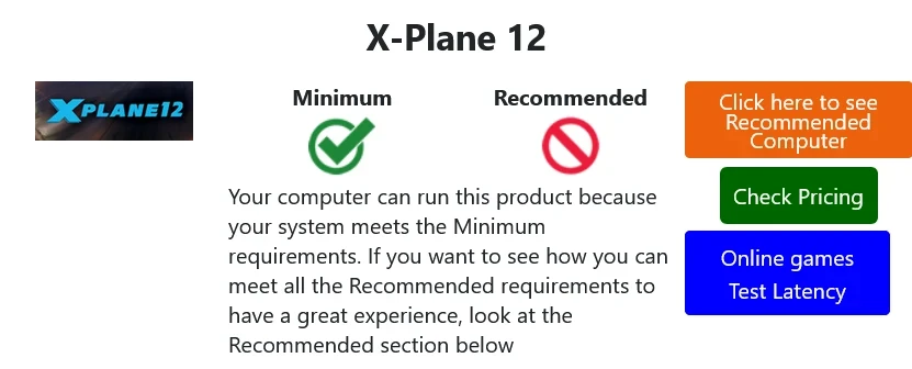 System Requirements Lab result showing a Ryzen 7 laptop meeting the minimum requirements for X-Plane 12 but not the recommended requirements.