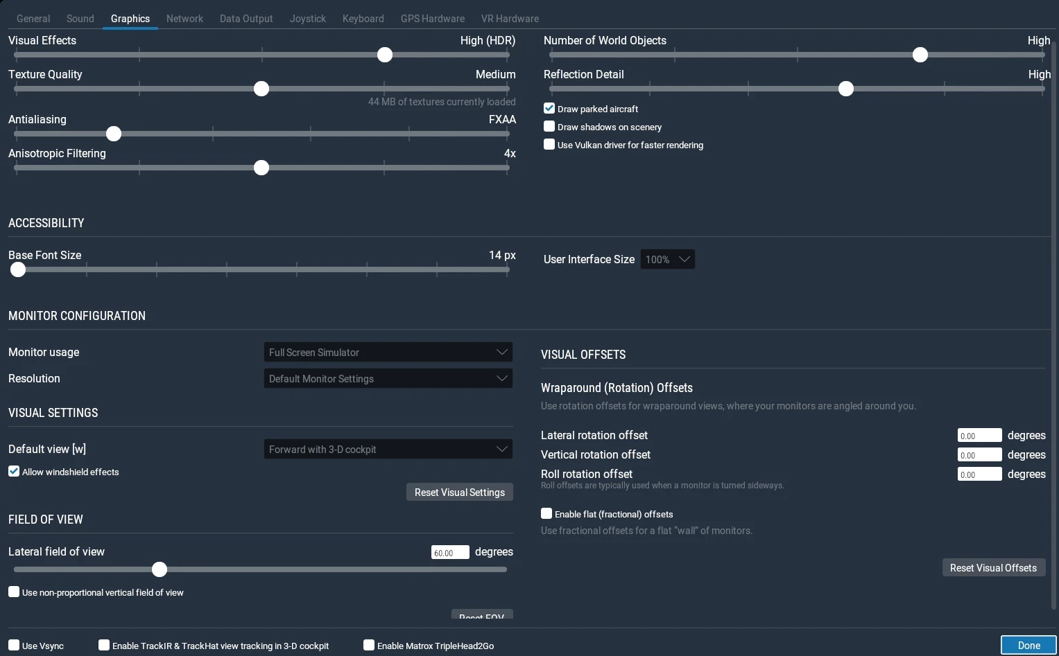X-Plane 11 graphics settings on a Ryzen 7 laptop with integrated Radeon graphics.