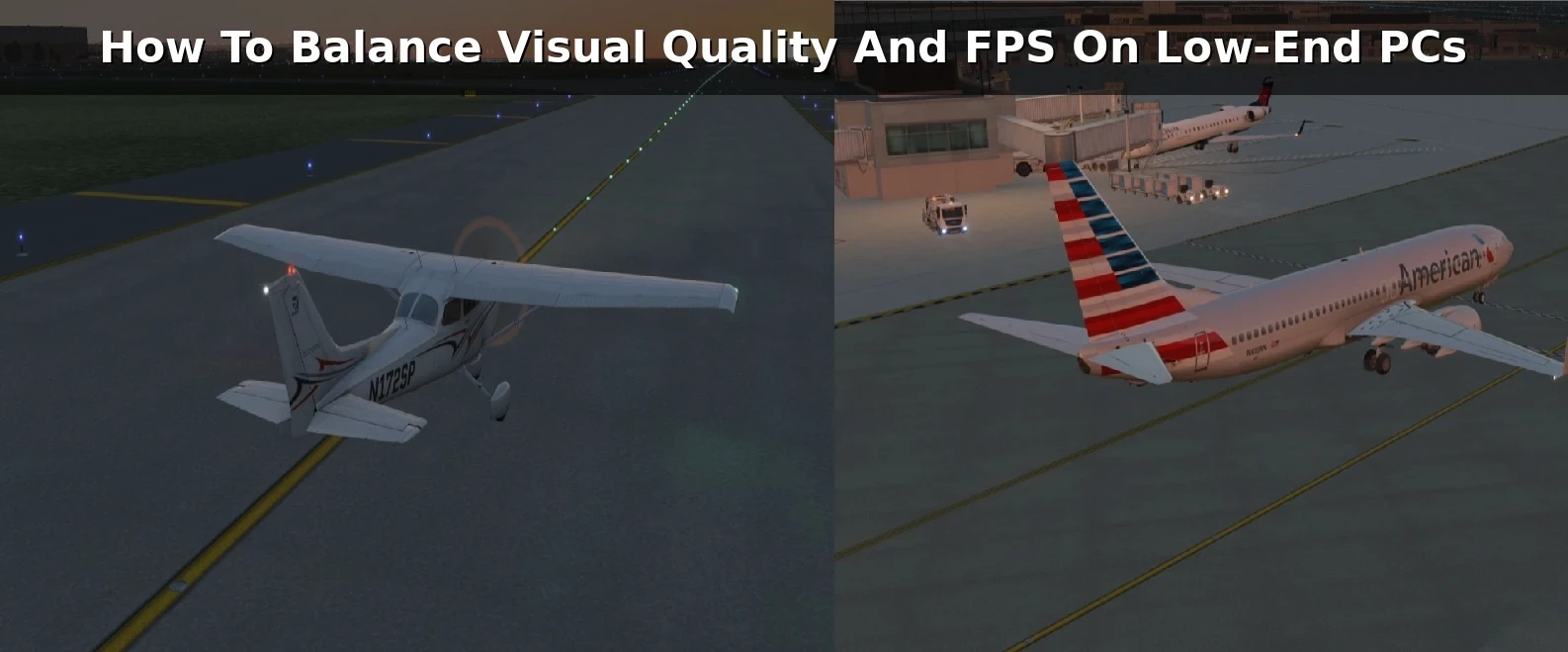 X-Plane 11 Boeing 737-800 and Cessna 172 at Chicago O’Hare showing visual quality and FPS testing on a low-end PC.
