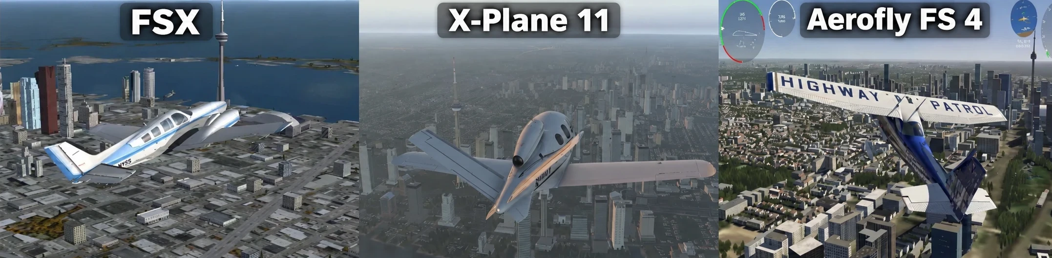 Comparison image of FSX, X-Plane 11, and Aerofly FS 4 flying over Toronto for a low-end PC flight simulator article.